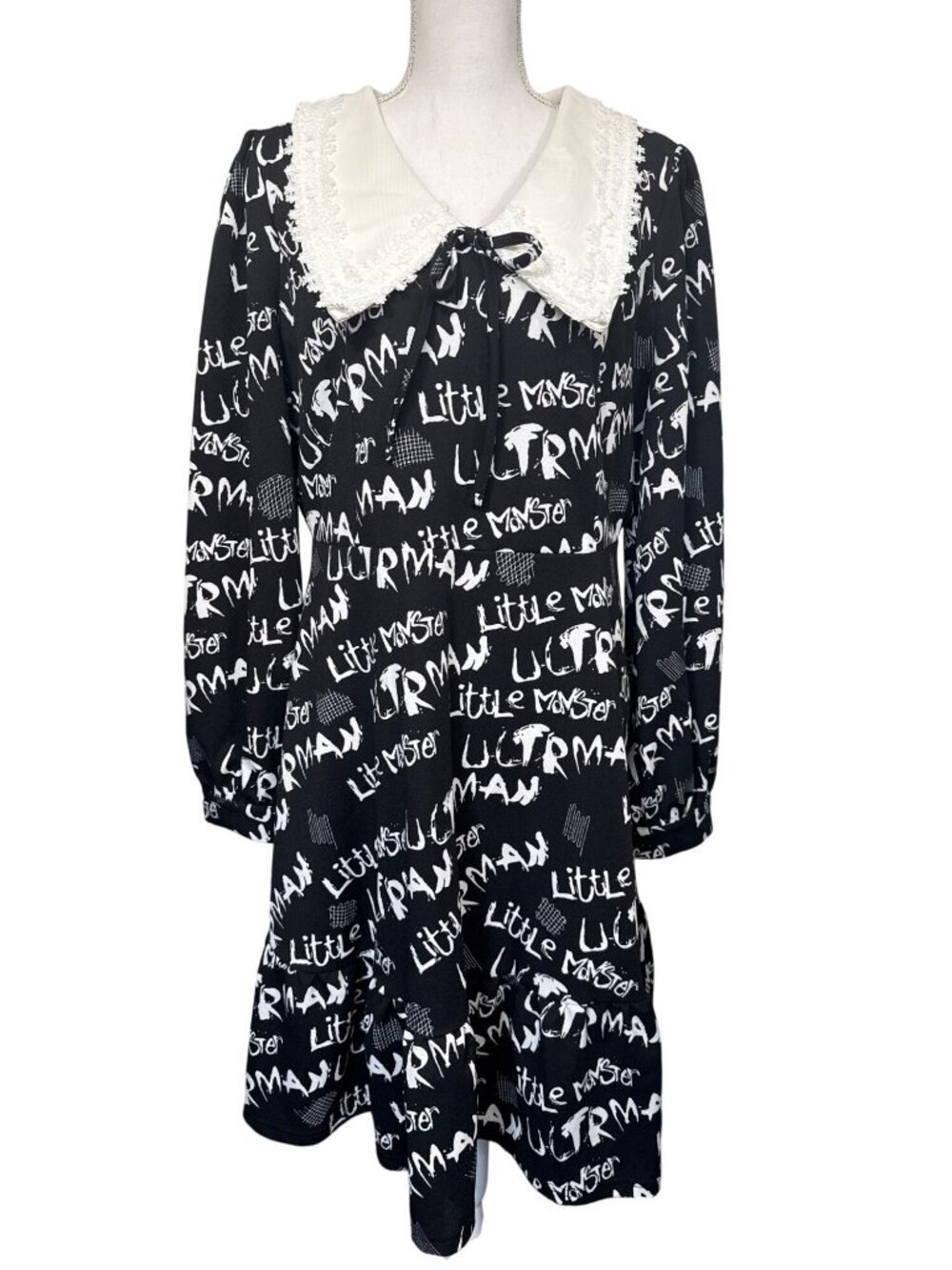 Mellowrani Little Monster Long Sleeve Dress Black & White Cotton Blend Letters